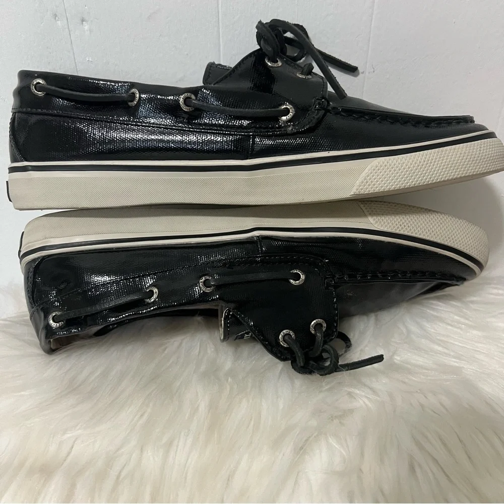 Sperry Top Siders Black Patent Glossy Boat Shoes Coastal Nautical Size 10